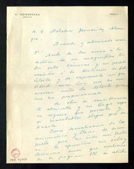 Carta de Antonio Goicoechea a Melchor Fernández Almagro en la que le felicita por su libro sobre ...
