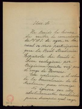 Carta del marqués de Valmar [Leopoldo Augusto García de Cueto] al secretario, Manuel Tamayo y Bau...