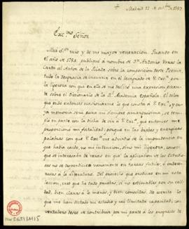 Carta de Juan Pablo Forner al marqués de Santa Cruz, director, en la que se excusa por la expresi...