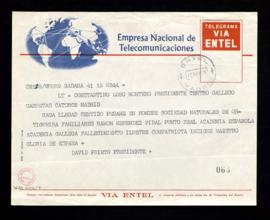 Telegrama de David Prieto, presidente de la Sociedad Naturales de Ortigueira, a Constantino Lobo ...