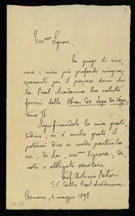 Carta de Antonio Restori [a Manuel Tamayo y Baus] de agradecimiento por el envío del tomo segundo...