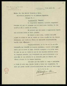 Carta de C. F. Adolf van Dam a Emilio Cotarelo en la que le agradece el envío del ejemplar del Di...