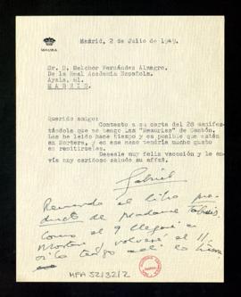 Carta de Gabriel Maura a Melchor Fernández Almagro en la que le dice que no tiene las Memorias de...