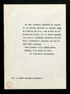 Copia del oficio del secretario accidental, Rafael Lapesa, a Ramón Estrada Carbonell de gratitud ...