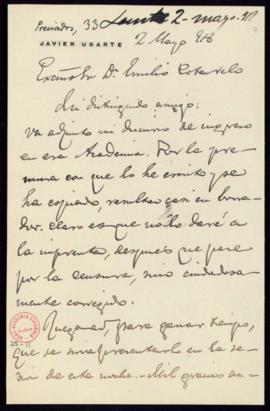 Carta de Javier Ugarte al secretario [Emilio Cotarelo] con la que remite su discurso de ingreso y...