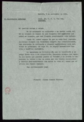 Copia de la carta de Alonso Zamora Vicente a C. F. Adolf van Dam en la que acusa recibo de las pa...