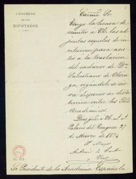 Carta de Antonio de (ileg.) y Hoyo al director [el marqués de Molins] con la que remite unas esqu...