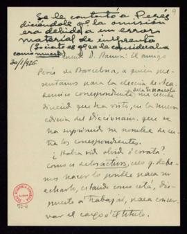 Carta de Julián Ribera a Ramón Menéndez Pidal en la que le transmite la sorpresa de Ramón D. Peré...