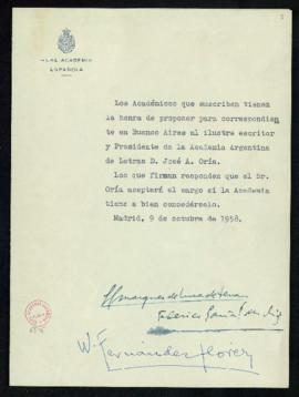 Propuesta de José A. Oría como académico correspondiente en Buenos Aires