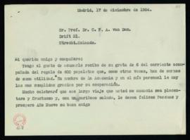Minuta de la carta de Julio Casares a C. F. A. van Dam en la que acusa recibo de su carta con la ...
