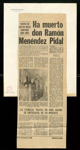 Recorte del diario Informaciones con la noticia Ha muerto don Ramón Menéndez Pidal