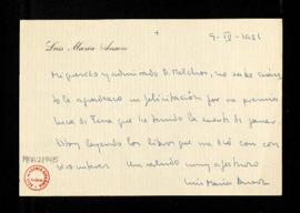 Carta de Luis María Anson a Melchor Fernández Almagro en la que le agradece la felicitación por e...