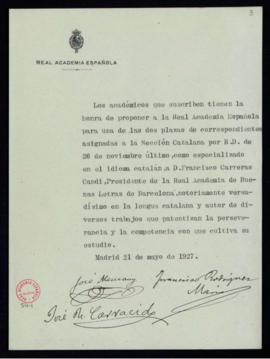Propuesta de Francisco Carreras Candi, presidente de la Academia de Buenas Letras de Barcelona, p...