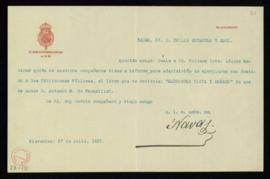 Carta del conde de las Navas, bibliotecario mayor de S. M., a Emilio Cotarelo en la que le pregun...