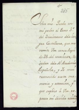 Carta del marqués de Grimaldo a Vincencio Squarzafigo de agradecimiento por el envío del tercer t...