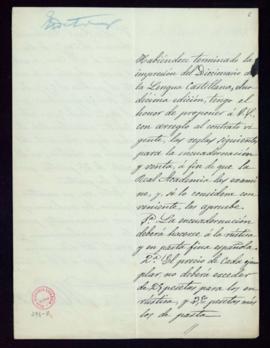 Carta de Eugenio Páez, de la Librería Hernando, al secretario, en la que le propone las reglas pa...