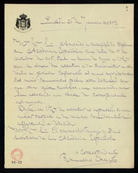 Carta de Ramalho Ortigão al secretario, Manuel Tamayo y Baus, de traslado del agradecimiento a la...