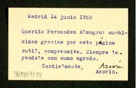 Tarjeta de visita de Azorín a Melchor Fernández Almagro en la que le agradece su comprensiva y su...