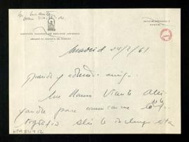 Carta de Manuel Mantero a Melchor Fernández Almagro en la que le dice que le llamó Vicente Aleixa...