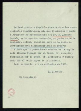 Minuta del diploma de Augusto Guzmán de académico correspondiente hispanoamericano en Bolivia