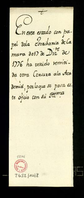Esquela con notas sobre una nuevas obra enviada para censura el 17 de diciembre de 1776