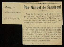 Recorte del Diario Universal de 22 de agosto de 1926, con la noticia del fallecimiento de Manuel ...