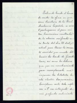 Carta de Alejandro Pidal y Mon al secretario [Manuel Tamayo y Baus] de agradecimiento por su elec...