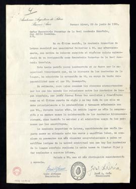 Carta de Luis Alfonso y de José A. Oría, secretario y presidente de la Academia Argentina de Letr...