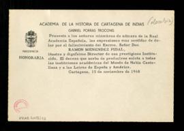 Tarjeta de Gabriel Porras Troconis, presidente honorario de la Academia de la Historia de Cartage...