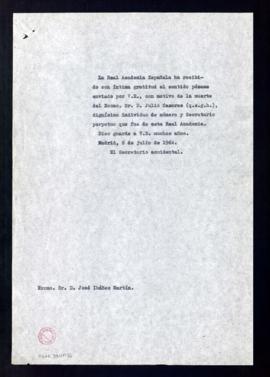Copia del oficio del secretario accidental, Rafael Lapesa, a José Ibáñez Martín de gratitud por e...