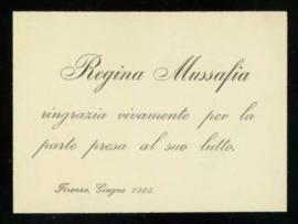Tarjeta de participación de Regina Mussafia de la muerte de su marido