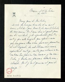 Carta de Blanca a Melchor Fernández Almagro en la que le agradece vivamente el libro que le ha en...