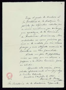 Carta de Ramón D. Perés al secretario con la que le remite unas cédulas que le encargó la Comisió...