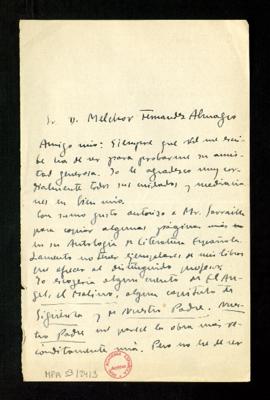 Carta de Gabriel Miró a Melchor Fernández Almagro en la que le transmite su autorización para que...