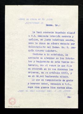Copia sin firma del oficio del secretario, Julio Casares, a Juan Ignacio Luca de Tena, marqués de...