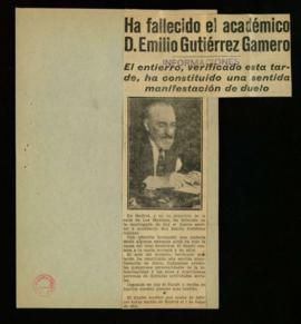 Recorte del diario Informaciones con la noticia del fallecimiento del académico Emilio Gutiérrez-...