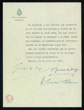 Propuesta de José Arce como académico correspondiente en la República Argentina