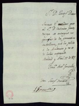 Carta de Francisco Antonio González a José Duaso sobre la entrega a Casimiro Gómez Ortega de un e...
