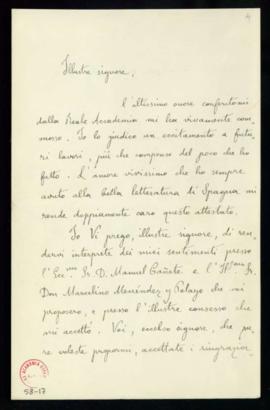 Carta de Antonio Restori [a Manuel Tamayo y Baus] de agradecimiento por su nombramiento como acad...