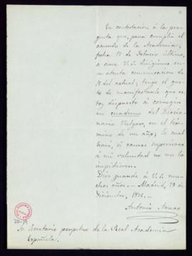 Carta de Antonio Arnao al secretario [Manuel Tamayo y Baus] en la que acepta el encargo de correg...