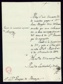Orden de Manuel de Lardizábal del pago a Juan Minguet de 12 doblones sencillos por una cabecera c...