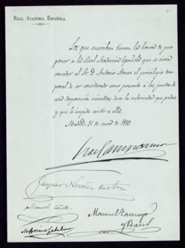 Propuesta de R[amón] de Campoamor, Gaspar Núñez de Arce, Manuel Cañete, Mariano Catalina y Manuel...