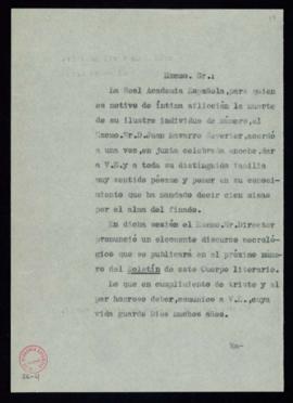 Copia sin firma del oficio de pésame del secretario [Emilio Cotarelo] a Juan Navarro Reverter y G...