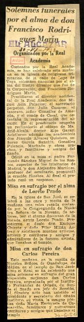 Recorte de prensa de El Alcázar con la noticia Solemnes funerales por el alma de don Francisco Ro...