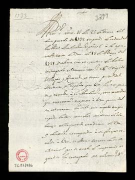 Minuta de la carta [de Vincencio Squarzafgio] a Pedro de Peralta Barnuevo en la que acusa recibo ...