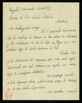Carta de Antonio Gómez Restrepo al secretario en la que acusa recibo de las obras de Cervantes y ...