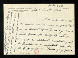 Minuta de la carta de Melchor Fernández Almagro a Luis Moure-Mariño en la que le dice que los sue...