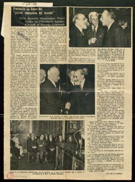 Recorte del diario Arriba con el artículo Don Ramón Menéndez Pidal recibe del presidente italiano...