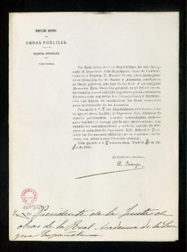 Real Orden comunicada de 20 de junio de 1893 sobre la designación de Manuel Pardo, ingeniero jefe...
