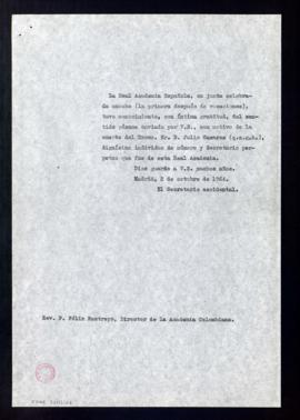 Copia del oficio del secretario accidental, Rafael Lapesa, a Félix Restrepo, director de la Acade...